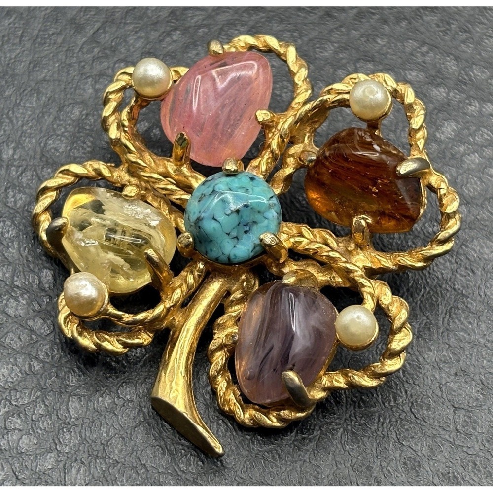 RARE De Nicola Gold Tone Faux Gemstone Faux Pearl Four Leaf Clover  Brooch Pin